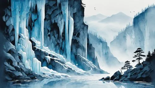 Moody, sumi-e, misty cliff, ice,a painting depicting ice waterfall in the woods,ice landscape,icefalls,ice castle,icewind,icefall,ice cave,glacier water,water glace,icesheets,glacial lake,meltwater,wi