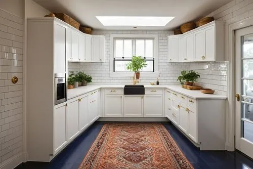 A bright, cozy kitchen featuring a large farmhouse sink beneath three large windows, flooding the space with natural light. The lower cabinets and drawers are painted in a deep navy blue, accented by 