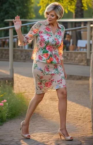 short hair Milf in  flower summer dress, tan pantyhose and high heels outdoor,plus-size model,heidi country,athletic dance move,hula hoop,twirl,plus-size,russian holiday,russian folk style,lady pointi