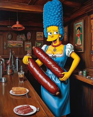 Hyper detailed painting of a Marge Simpson in a bar holding a large sausage in front of her. Bavarian dirndl. Cinematic.,marge,merguez,simpson,lurleen,beer sausage,krabappel,flanders,chorizo,bratwurst