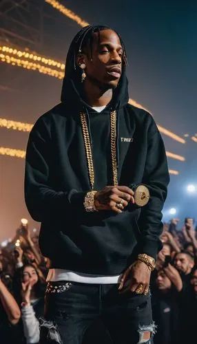 Travis Scott, rapper, standing, confident posture, bold facial expression, iced out jewelry, gold chain, diamond studs, black hoodie, ripped denim jeans, white sneakers, microphone in hand, concert st