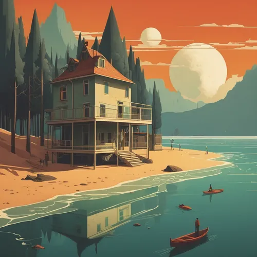 summer cottage,floating huts,house with lake,house by the water,seaside resort,seaside country,cottage,beach house,fisherman's house,houseboat,wooden houses,an island far away landscape,island suspended,beachhouse,peninsula,floating islands,floating island,shoreline,home landscape,monkey island,Illustration,Vector,Vector 05