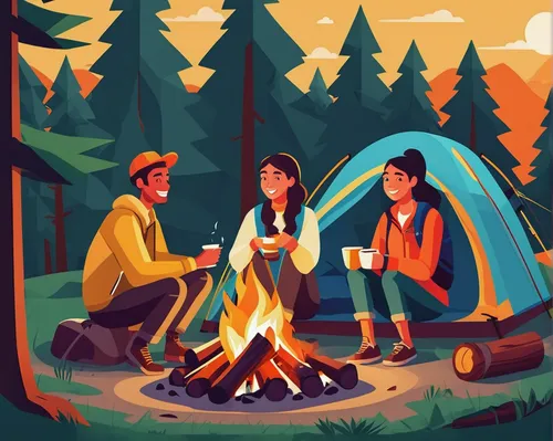 Two happy friends sitting around campfire. Group of young friends having fun in camping. Tourists relaxing near campfire. Concept of travel and tourism. Vector flat design illustration. Square layout.