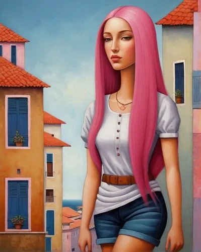 A pretty woman with long pink hair and clean clothes，by Didier Lourenço,italian painter,la violetta,pisa,hallia venezia,world digital painting,game illustration,portofino,lacerta,girl in a long,city 