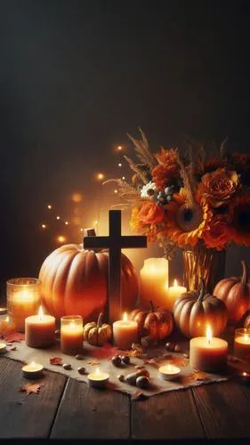 a wooden table topped with pumpkins and candles,all saints' day,ofrenda,samhain,michaelmas,raimundas,halloween and horror,halloween border,halloween background,halloween scene,halloween decor,decorati