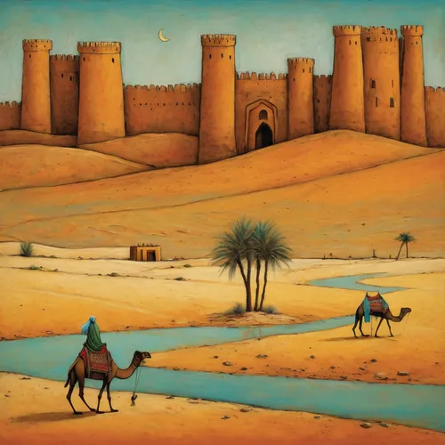 qasr al watan,qasr al kharrana,caravansary,desert landscape,libyan desert,qasr amra,caravanserai,ibn tulun,camel caravan,desert desert landscape,merzouga,al qudra,ouarzazate,umayyad palace,dromedaries,quasr al-kharana,city walls,zagora,arabian horses,morocco,Art,Artistic Painting,Artistic Painting 49