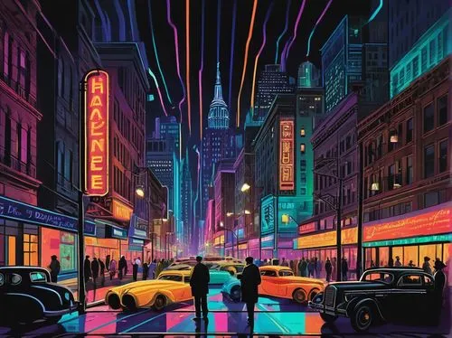 neon arrows,city lights,cyberpunk,neon lights,colorful city,citylights,pedestrian,80s,sci fiction illustration,night scene,big night city,metropolis,neon,cityscape,neon light,nightlife,neon ghosts,would a background,cities,city at night,Illustration,Realistic Fantasy,Realistic Fantasy 21