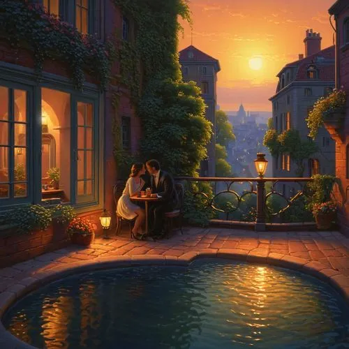 romantic scene,romantic night,romantique,romantic,evening atmosphere,romantica,Illustration,Realistic Fantasy,Realistic Fantasy 27