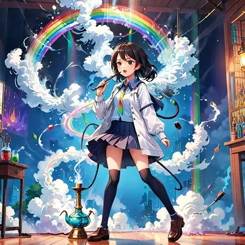 woman, hookah, short skirt, knee high socks, loafers, button up shirt, coughing rainbow smoke,anime girl with rainbow colored background surrounded by smoke,tanabata,rainbow background,kantai collecti