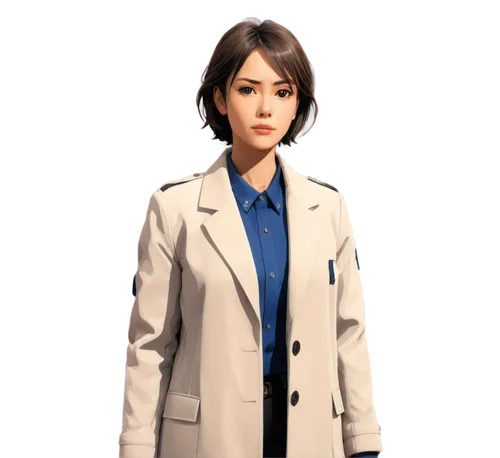 A woman police detective in a New York City police station, long coat, determined expression, short hair,  age circa 38,eunjung,asako,spy visual,kanno,takiko,female doctor,mikiko,trenchcoat,takako,hae