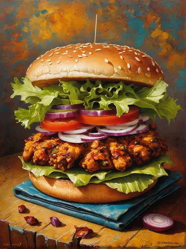 veggie burger,burguer,cemita,oil painting on canvas,chicken burger,original chicken sandwich,classic burger,hamburger,cheeseburger,oil on canvas,burger,painted grilled,big hamburger,buffalo burger,salmon burger,david bates,oil painting,burgers,gator burger,the burger,Illustration,Realistic Fantasy,Realistic Fantasy 34