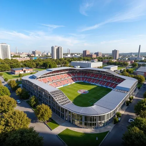 Modern soccer stadium housing, sleek metal fa\u00e7ade, transparent glass walls, cantilevered roofs, vibrant team color accents, durable concrete floors, weather-resistant exterior cladding, energy-ef