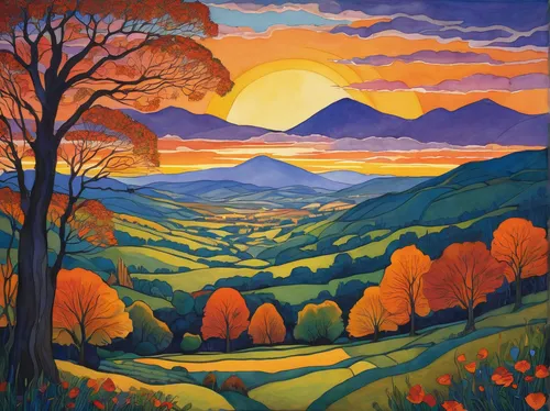 autumn landscape,fall landscape,autumn mountains,carol colman,rural landscape,mountain landscape,mountain scene,mountain sunrise,purple landscape,autumn idyll,autumn icon,mountainous landscape,landscape,high landscape,francis barlow,panoramic landscape,one autumn afternoon,the autumn,farm landscape,exmoor,Illustration,Retro,Retro 23