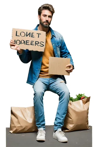 homeless, male, rugged beard, messy hair, worn-out clothes, tattered jacket, ripped jeans, dirty sneakers, holding a cardboard sign, sitting on pavement, urban background, warm lighting, shallow depth