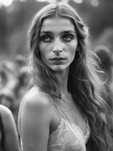 Full-page black-and-white portrait of a pale, very long-haired gypsy woman from the lower classes with blemished skin, dancing in a trance and in torn underwear. She has never shaved her natural dark 