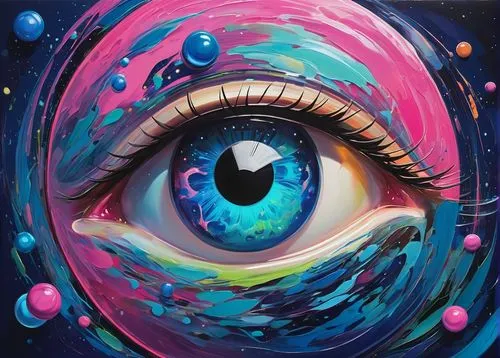 Eye ball, surreal, abstract, colorful, glossy surface, reflective, transparent, overlapping, scattered, scattered composition, 3D rendering, futuristic, sci-fi, cosmic background, starry night sky, ne