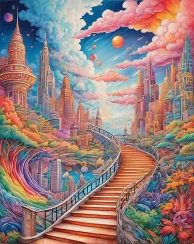 the mystical path,psychedelic art,pathway,stairway to heaven,rainbow bridge,stairway,the path,road of the impossible,fantasy art,fantasy picture,3d fantasy,lsd,fantasy world,fantasy landscape,dream world,heaven gate,winding steps,fantasy city,imagination,utopian,Conceptual Art,Daily,Daily 17