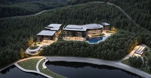 Modern building, Surrounded by mountains, with a lake close by，at night,eco hotel,luxury hotel,ski resort,luxury property,ski facility,slovenia,danyang eight scenic,hotel complex,sochi,krasnaya polyan