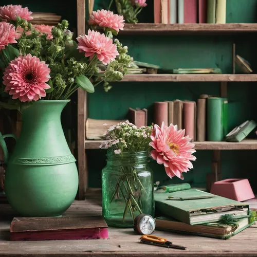 "A room with many flowers and a rustic bookshelf and desk, in shades of green and rose
,green chrysanthemums,vintage flowers,flower arranging,pink dahlias,pink chrysanthemums,still life of spring,vint