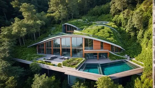 residencia de vanguardia
implantada en una montaña rodeada de arboles.


cubierta vegetal
 madera + vidrio + vegetación
hierro aluminio
jardinería vertical
plantas flores
,a modern home that's surroun