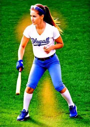 Softball player, female athlete, dynamic pose, sporty outfit, white shirt, short blue pants, softball bat, glove, sneakers, ponytail, sweatbands, athletic build, sunny day, green grass, shallow depth 