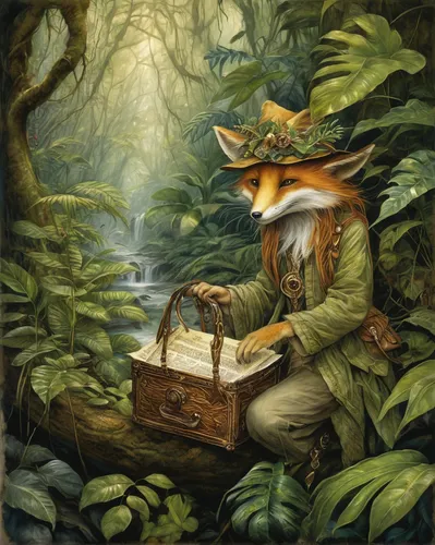 garden-fox tail,fantasy art,fantasy picture,apothecary,woodland animals,lyre box,faerie,book illustration,harpsichord,fox and hare,magic book,music box,forest animals,whimsical animals,faery,treasure chest,forest animal,fantasy portrait,foraging,game illustration,Illustration,Realistic Fantasy,Realistic Fantasy 14