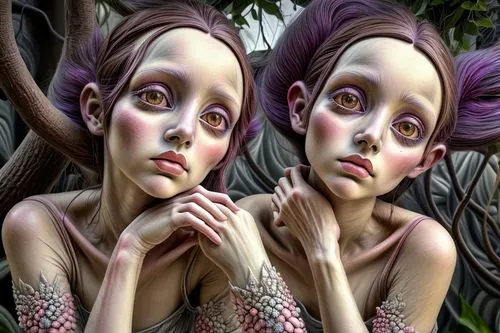 faery,dryad,adam and eve,mirror image,surrealism,parallel worlds,bodypainting,world digital painting,fae,two girls,faerie,psychedelic art,fantasy art,fractals art,fairies,body painting,surrealistic,parallel world,porcelain dolls,twin flowers
