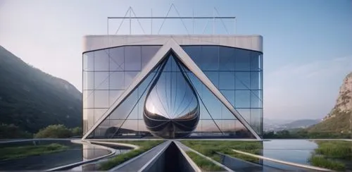 a futuristic looking building reflecting in the windows,futuristic architecture,glass building,futuristic art museum,solar cell base,skylon,koolhaas,Photography,General,Commercial