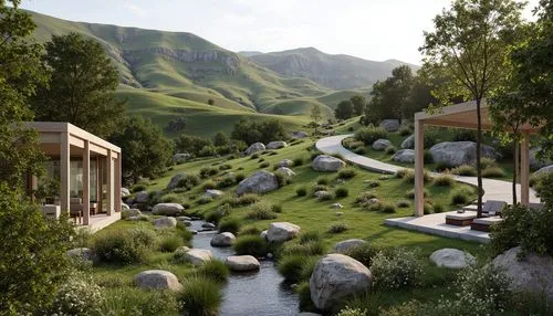 rivendell,ecotopia,hobbiton,gondolin,green valley,nargothrond,riftwar,alpine village,render,3d rendering,shire,ecovillages,fantasy landscape,3d rendered,alpine pastures,futuristic landscape,elves country,landscaped,golf resort,hobbit