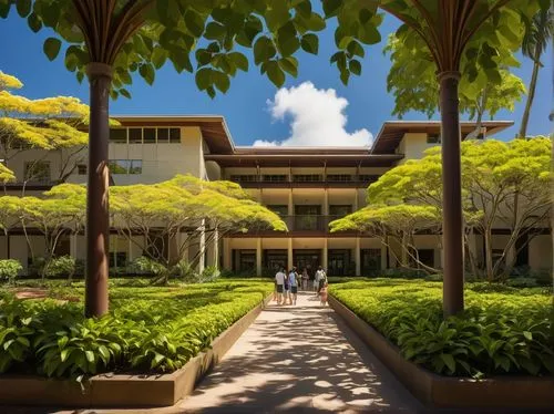 University of Hawaii campus, tropical modern architecture, palm trees lining the walkway, bright sunlight casting dappled shadows, students walking in casual wear, backpacks and laptops in hand, Hawai