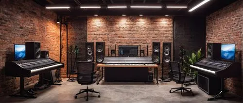 Recording studio interior, modern industrial style, wooden acoustic panels, soundproofing materials, mixing console, professional audio equipment, microphone stands, comfortable seating area, dimmable