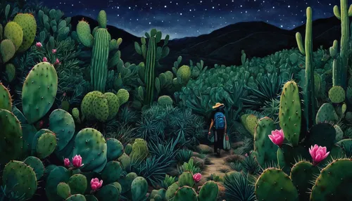 moonlight cactus,night-blooming cactus,cacti,sonoran,sonoran desert,saguaro,cactus,cactus digital background,tucson,flowerful desert,arizona,prickly pear,watercolor cactus,desert plants,organ pipe cactus,desert landscape,night scene,albuquerque,san pedro cactus,fireflies,Illustration,Abstract Fantasy,Abstract Fantasy 03