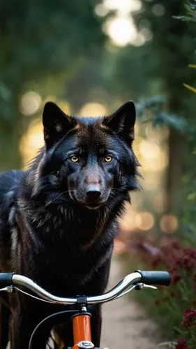 a sleek black wolf with a fur rolled down his back and a black eye patch on his chest revs up the engine and revs the engine on a sleek black bike. The bike is parked on a dirt road, surrounded by tal