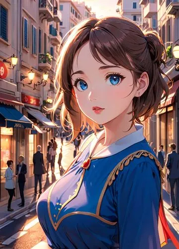 a young caucasian woman 26 years old, brown hair, blue eyes, red lips, wearing a blue dress, stand up in a street of Monaco city at sunset as background in 4k,french digital background,honolulu,honmei