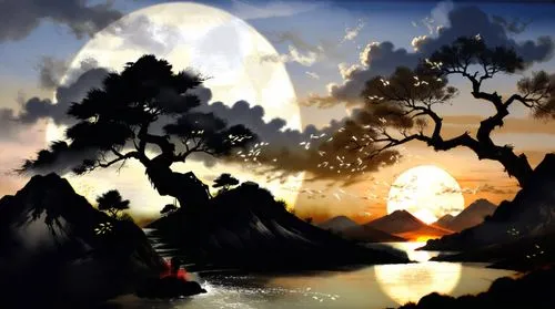 an artistic painting depicts the setting sun over a mountain landscape,dusk background,world digital painting,swampy landscape,landscape background,setting sun,digital painting,fantasy landscape,moon 