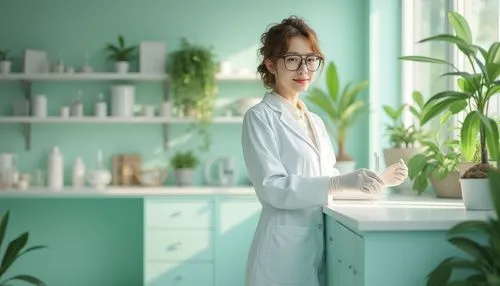 Mint color, refreshing atmosphere, research space, solo scientist, laboratory coat, glasses, curly brown hair, minimal makeup, white lab gloves, holding test tube, standing near lab counter, surrounde