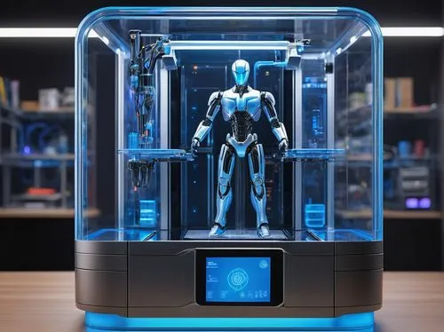 Modern futuristic 3D printer, print on demand AI system, sleek metal body, glowing blue LED lights, transparent glass door, robotic arm, intricate mechanical details, high-tech laboratory background, 