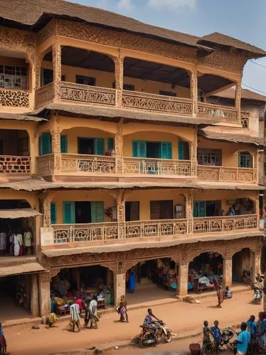 Ghanaian-style building, intricate African patterns, vibrant colors, ornate wooden carvings, mud-brick walls, thatched roof, large windows with ornate ironworks, colorful textiles hanging from balconi