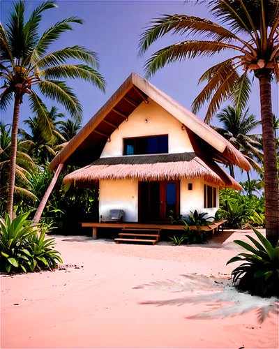 Rustic stick hut, tropical island, thatched roof, wooden pillars, vines crawling up, palm trees surrounding, sandy floor, simple interior, daytime, warm lighting, high angle shot, cinematic compositio