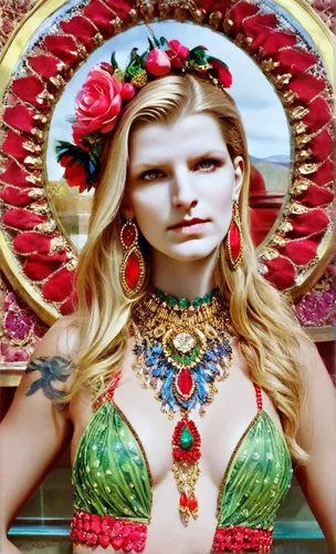 Extravagant fashion portrait of a woman wearing vibrant attire adorned with floral prints, vivid reds, and greens. Accessorized with gem-encrusted bold gold necklaces and oversized ruby earrings. Stri