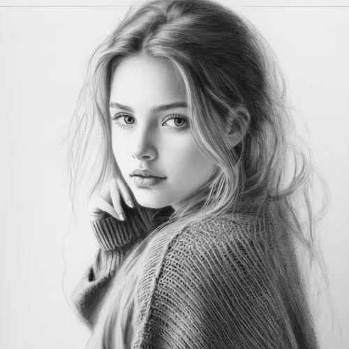 女孩，毛衣，白色背景,a drawing of a young woman posing with her hand on her shoulder,moretz,liesel,florrie,marloes,ginta,daveigh,Illustration,Black and White,Black and White 35