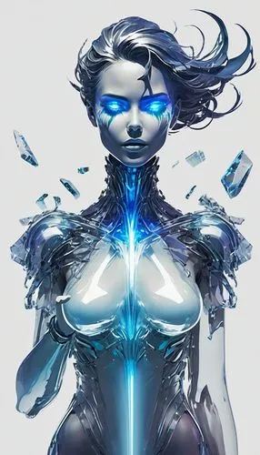 Polished shiny ((titanium colored)) reflective plating, a futuristic woman shiny highly polished ((titanium)) and blue trim on the outer hull, breaking the surface as it leaves the ocean and returns t