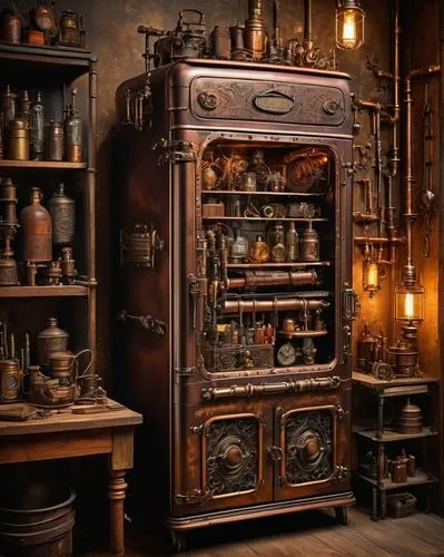 victorian kitchen,apothecary,antiquariat,dark cabinetry,cupboard,armoire,vintage kitchen,cabinet,chiffonier,clockmaker,antique background,scientific instrument,antique furniture,china cabinet,steamer trunk,storage cabinet,candlemaker,potions,cabinets,antiques,Illustration,Retro,Retro 24