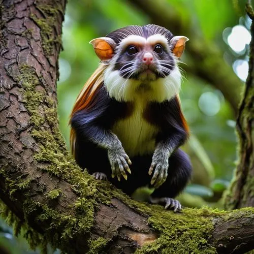 In the forest of a strange non-terrestrial planet a non-terrestrial creature reminiscent of a 50/50 combination of "Emperor Tamarin" and "Nine-Banded Armadillo" in equal parts and proportionate geneti