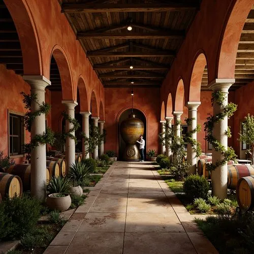 Rustic winery, Renaissance-inspired architecture, earthy tones, terracotta red walls, golden yellow accents, muted greenery, vines crawling up stone columns, wooden barrel fermentation rooms, dimly li