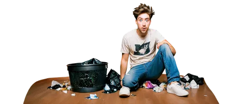 Stinky, cartoon style, humorous, exaggerated facial expression, messy hair, dirty clothes, ripped pants, torn shirt, stained shoes, trash can nearby, garbage scattered around, dim lighting, warm color