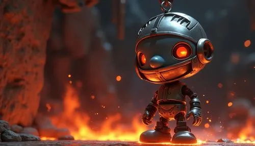 Render a 3D Pixar character that is a mixture of a smurf and a Terminator cyborg, one eye blinking red, hanging  on a chain over molten steel ,a robot that is in some kind of action,sackboy,littlebigp