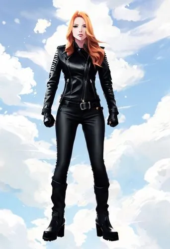 Bold and femme fatale, female character, (strawberry blonde long hair:1.0), wearing all-black clothes (leather jacket, gloves, long pants and boots),black widow,clary,super heroine,leather boots,femme