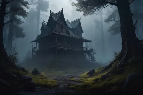 Game Scene Design, wild Angle View,house in the forest,witch's house,witch house,forest house,the haunted house,haunted house,lonely house,creepy house,ravenloft,tree house,wooden house,house silhouet