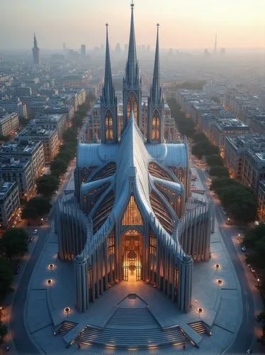 Aerial view of the futuristic modern architecture for a new Cathedrale Notre Dame in Paris, creating an iconic structure that stands out against other buildings in its urban setting. The design incorp